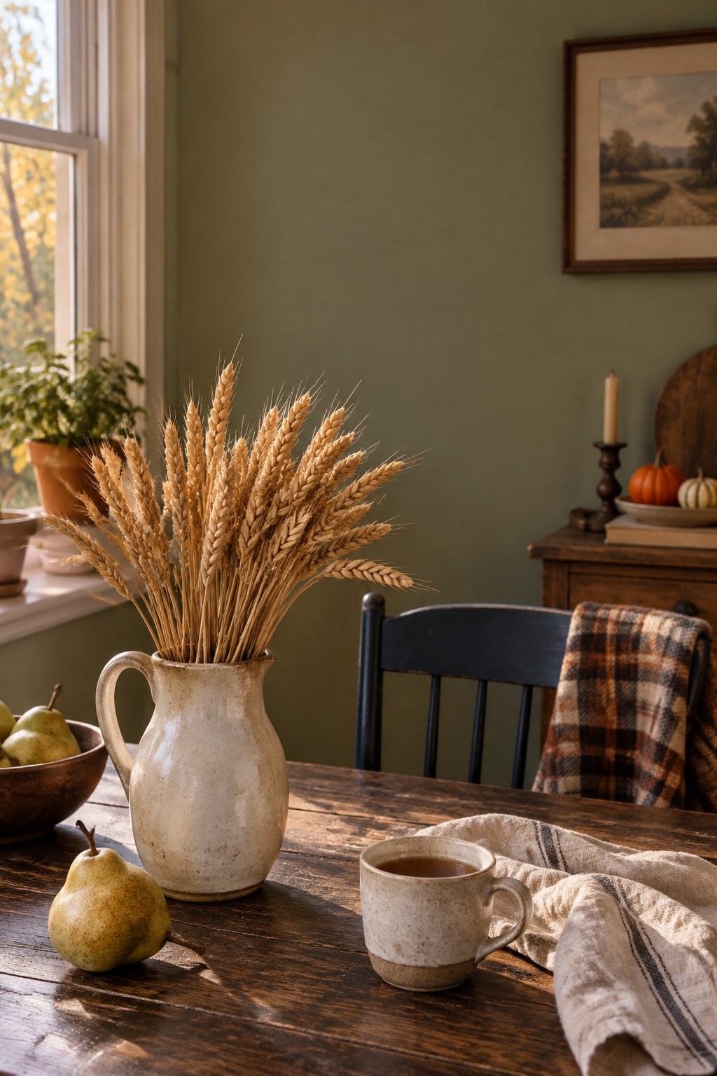 Styled inspiration: dried wheat in a ceramic pitcher in a lived-in fall kitchen