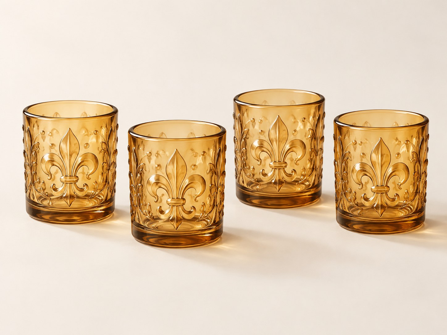 Illustration of four embossed amber glass votive holders; see Amazon for the actual Kate Aspen set