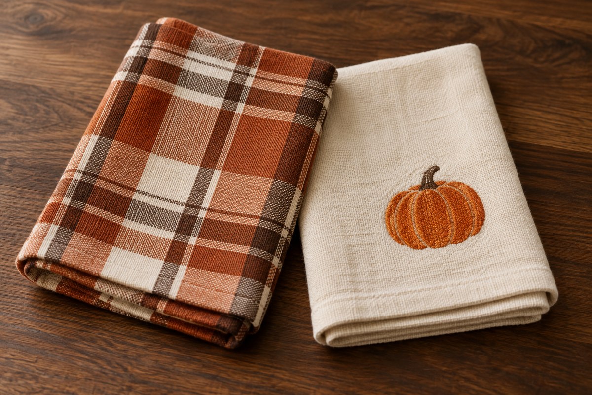 Styled illustration of autumn cotton kitchen towels, not the exact DII set