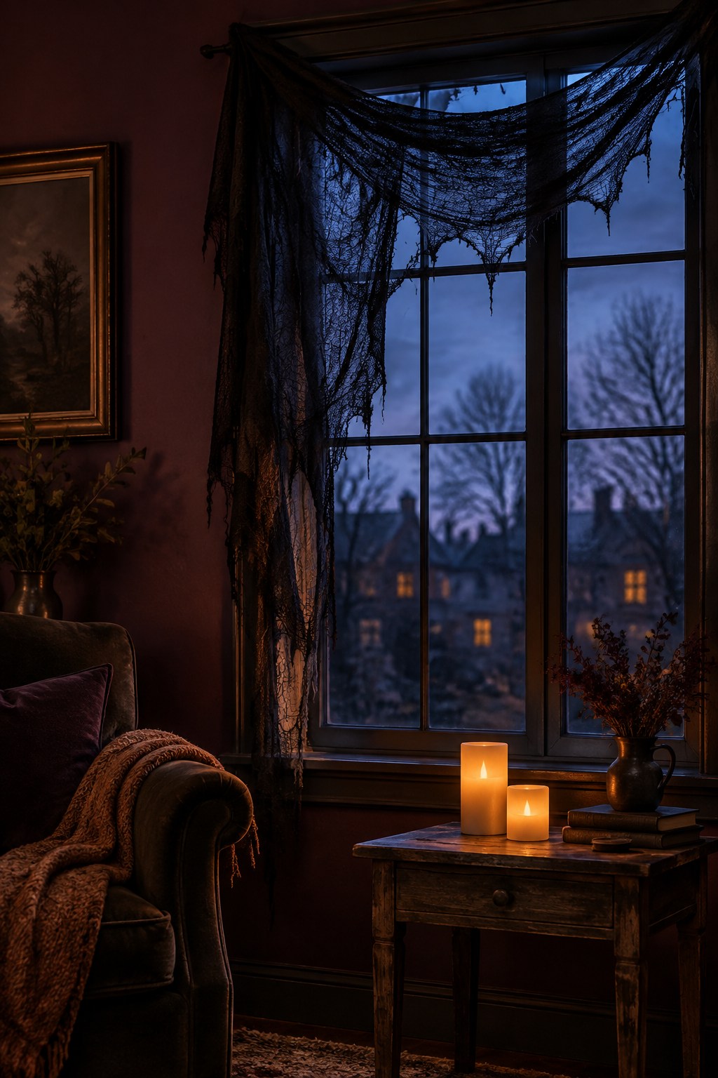 Styled inspiration: black gauze around a window for Halloween with battery candles nearby