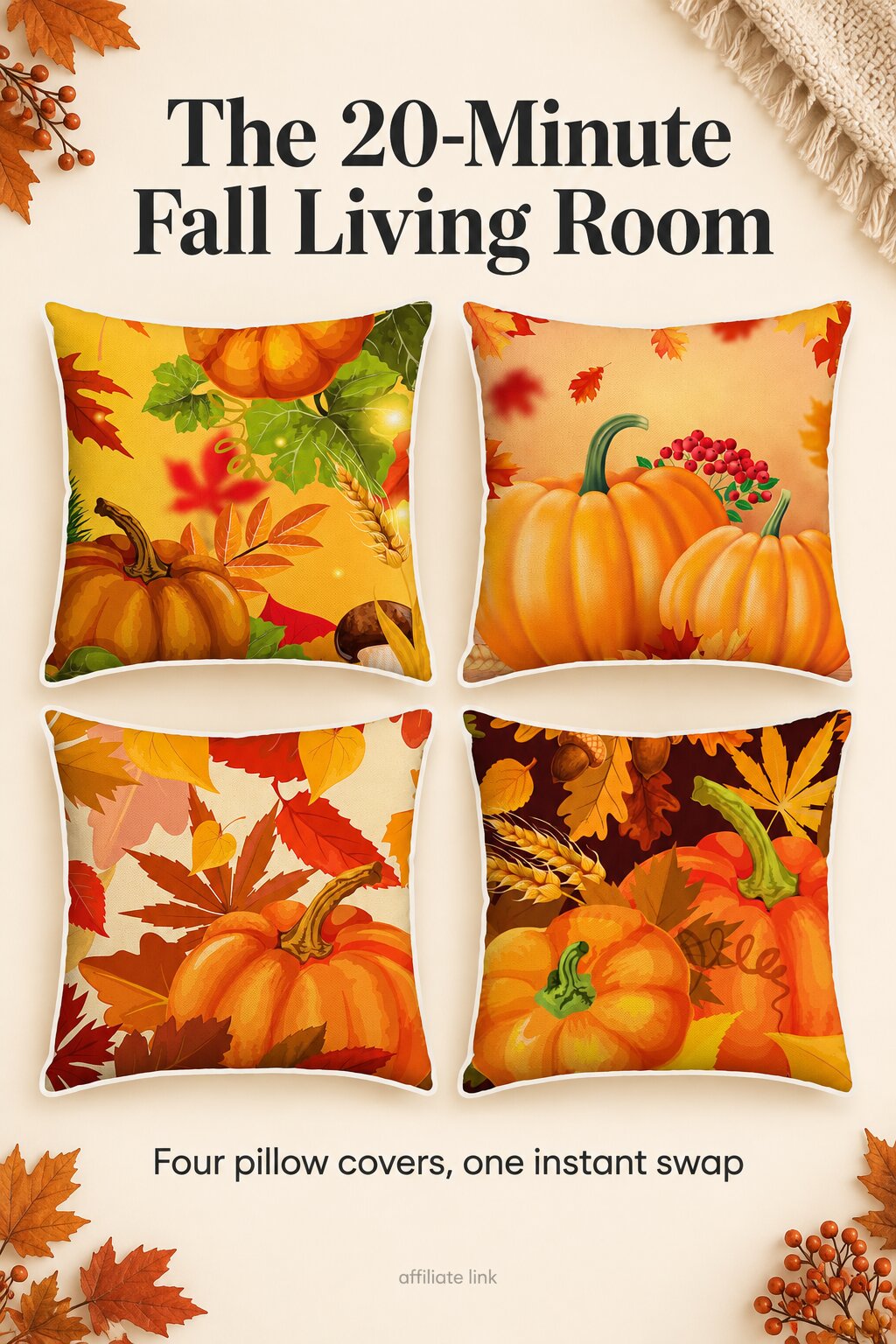 Illustration of four autumn pillow covers; see the actual set on Amazon