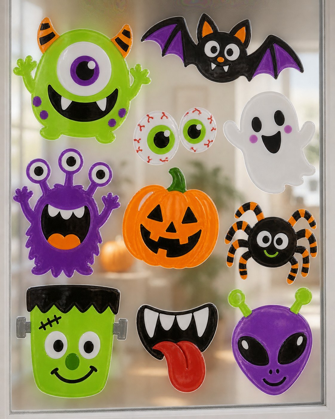 Original illustration of playful Halloween window clings; see CCINEE listing for exact designs