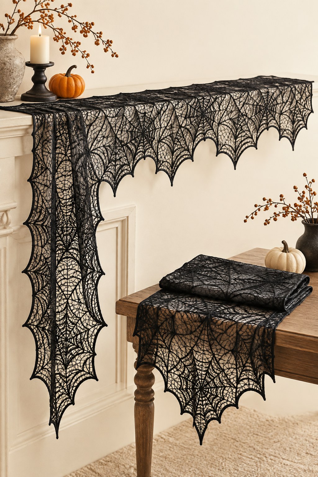 Styled illustration of black spiderweb lace mantel and table pieces; see Amazon for the actual Lulu Home set