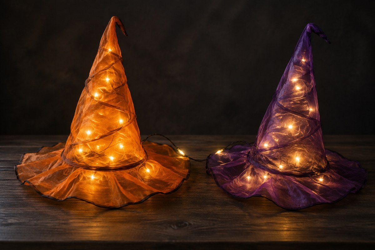 Styled illustration of orange and purple lighted witch hats, not the exact FUNPENY set