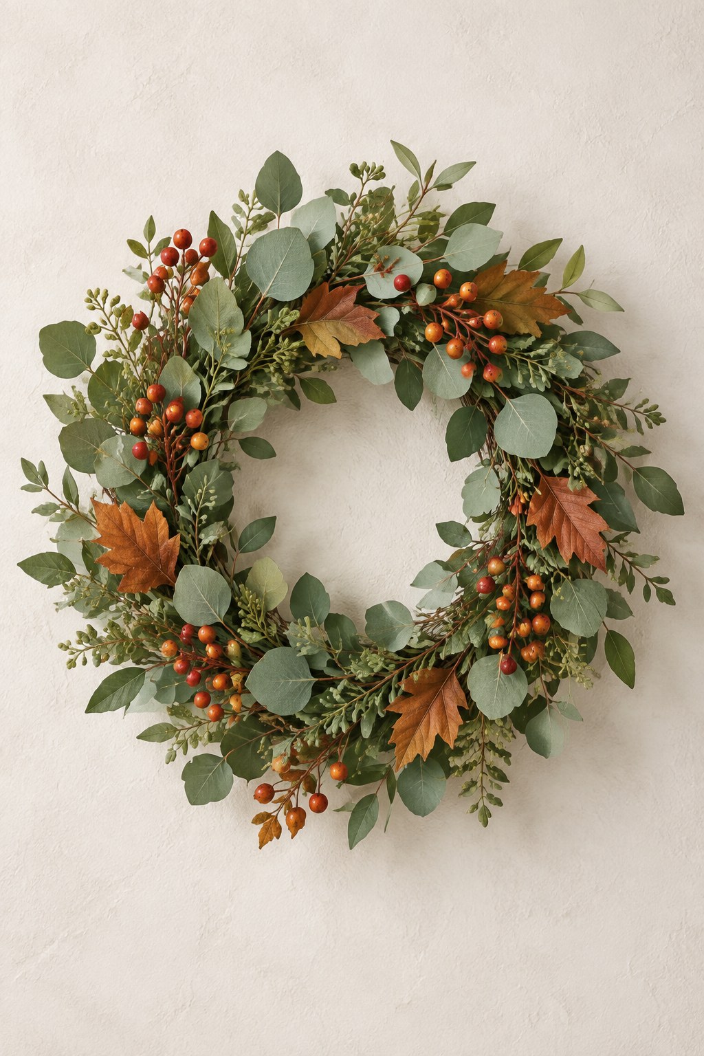 Styled illustration of an eucalyptus and berry fall wreath; see Amazon for the actual YNYLCHMX item