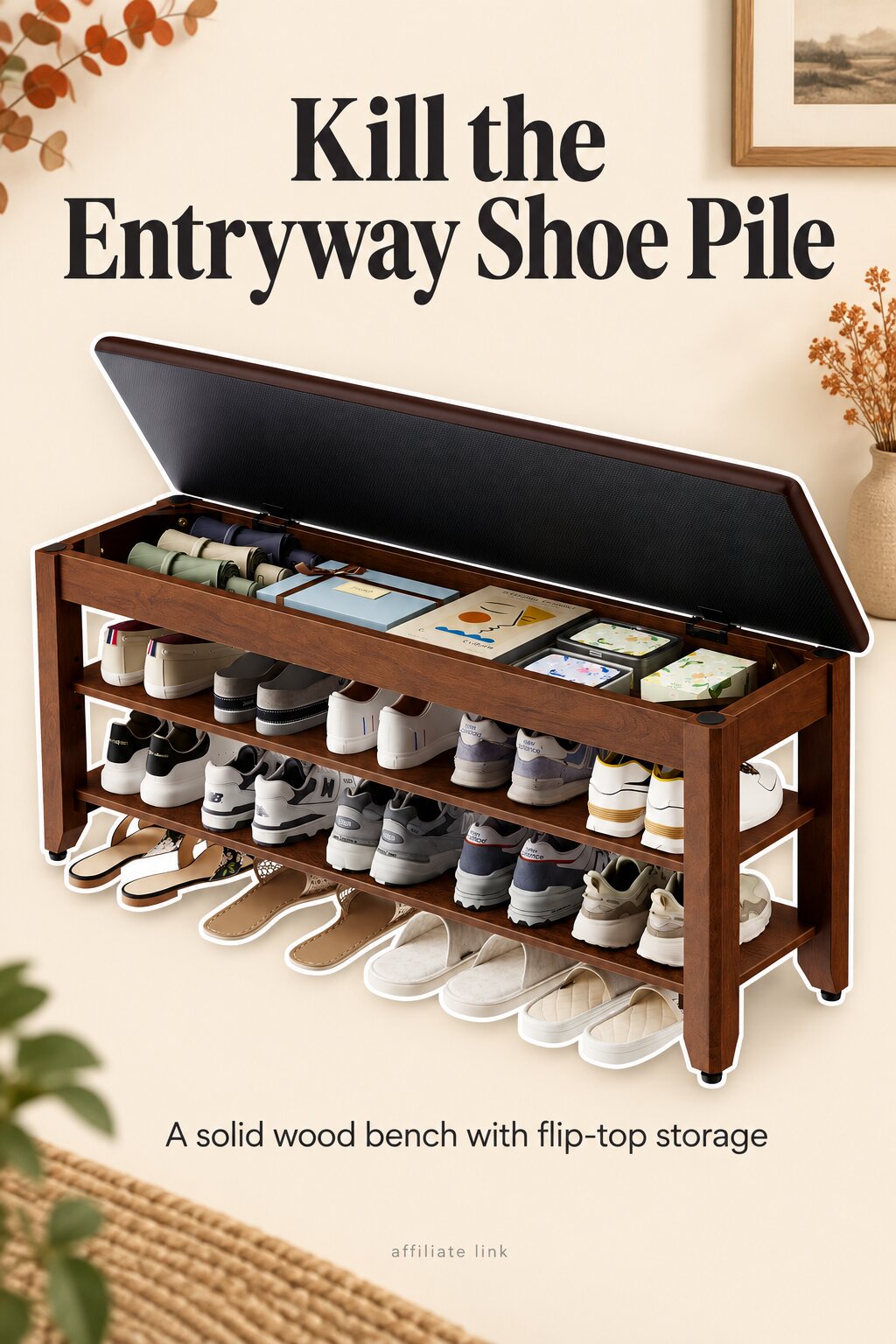 Illustration of the walnut shoe bench; see actual item on Amazon