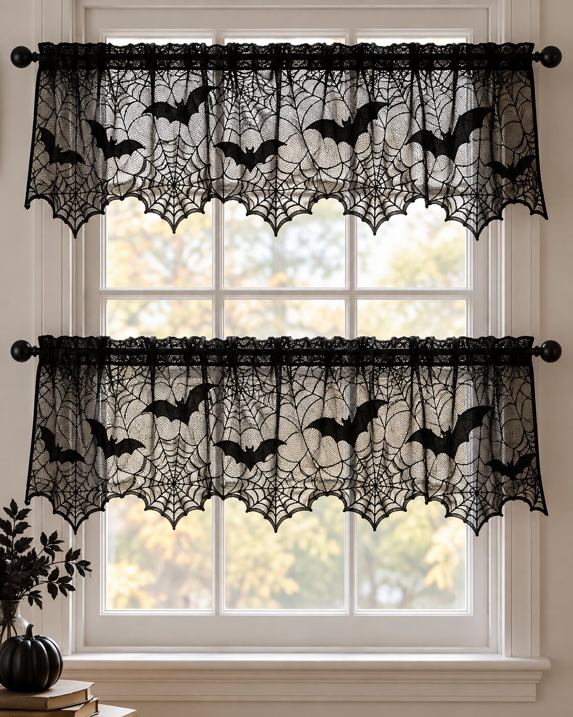 Illustrative black lace bat window valances; see Amazon for the actual ZeeDix panels
